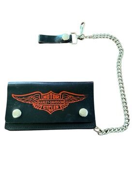Harley-Davidson Black and Orange Leather Chain Wallet Logo Vintage Made in USA